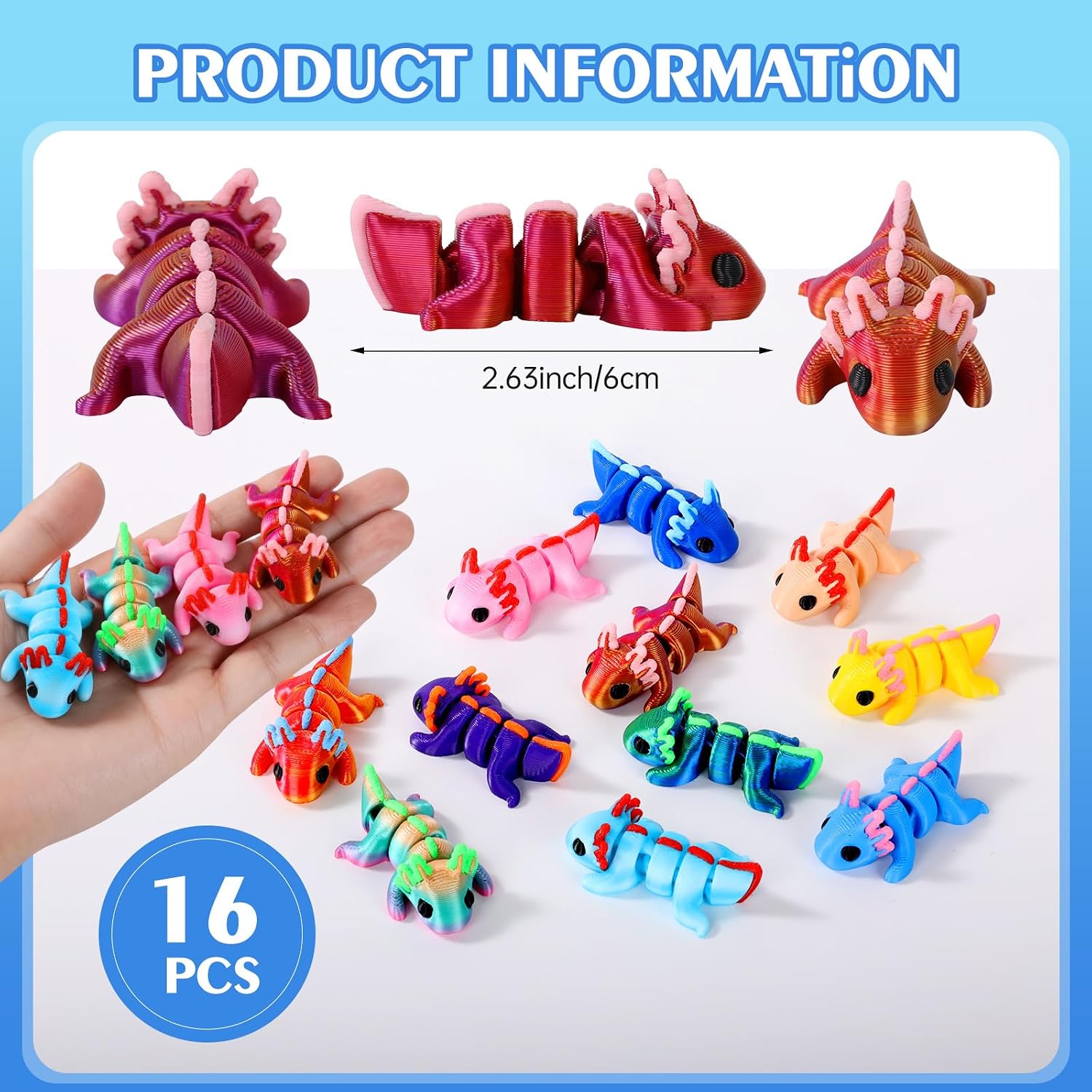 16PCS 3D Printed Axolotl Toys, Articulated Flexible Axolotl Fidget Toy Set, Cute Colorful 3D Axolotl Mini Figures, 3D Printed Animal Gift Box for Kids, Party Favors, Classroom Rewards image 2
