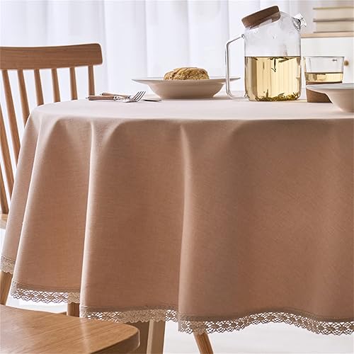 Mantel redondo con textura de lino con ribete de encaje, impermeable, a prueba de derrames, para decoración de mesa de cocina, comedor, beige,