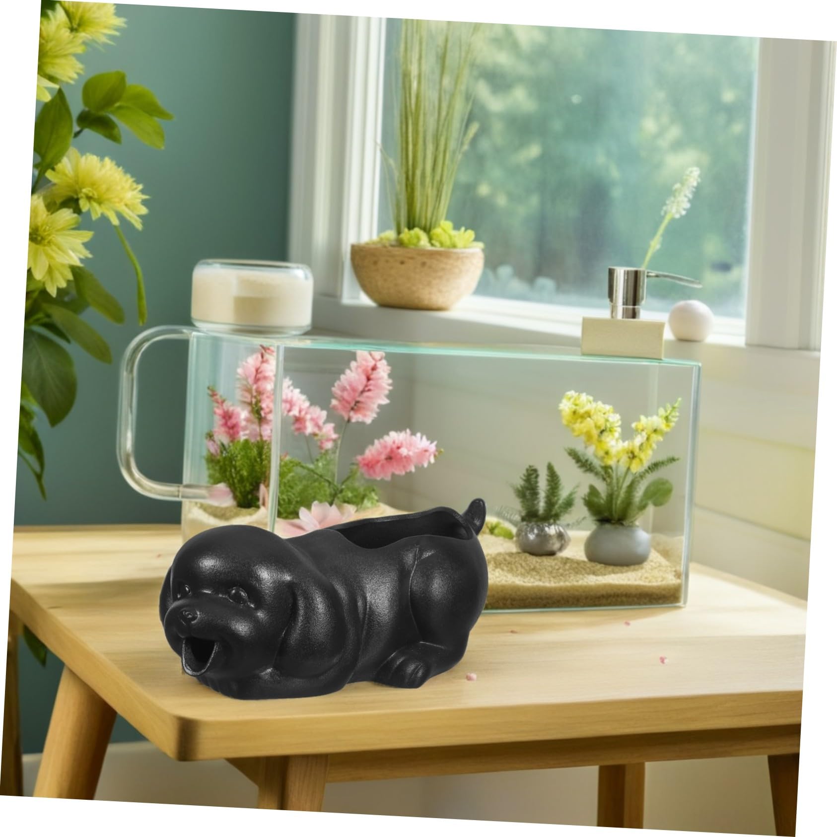 SHINEOFI Keramik Wasserfall-spucker Hund Form Langlebiger Tischbrunnen mit Pflanzen-Topf Natürlicher Filter für Aquarium und Garten Zirkulierender Bonsai-brunnen Dekorative Fischteich