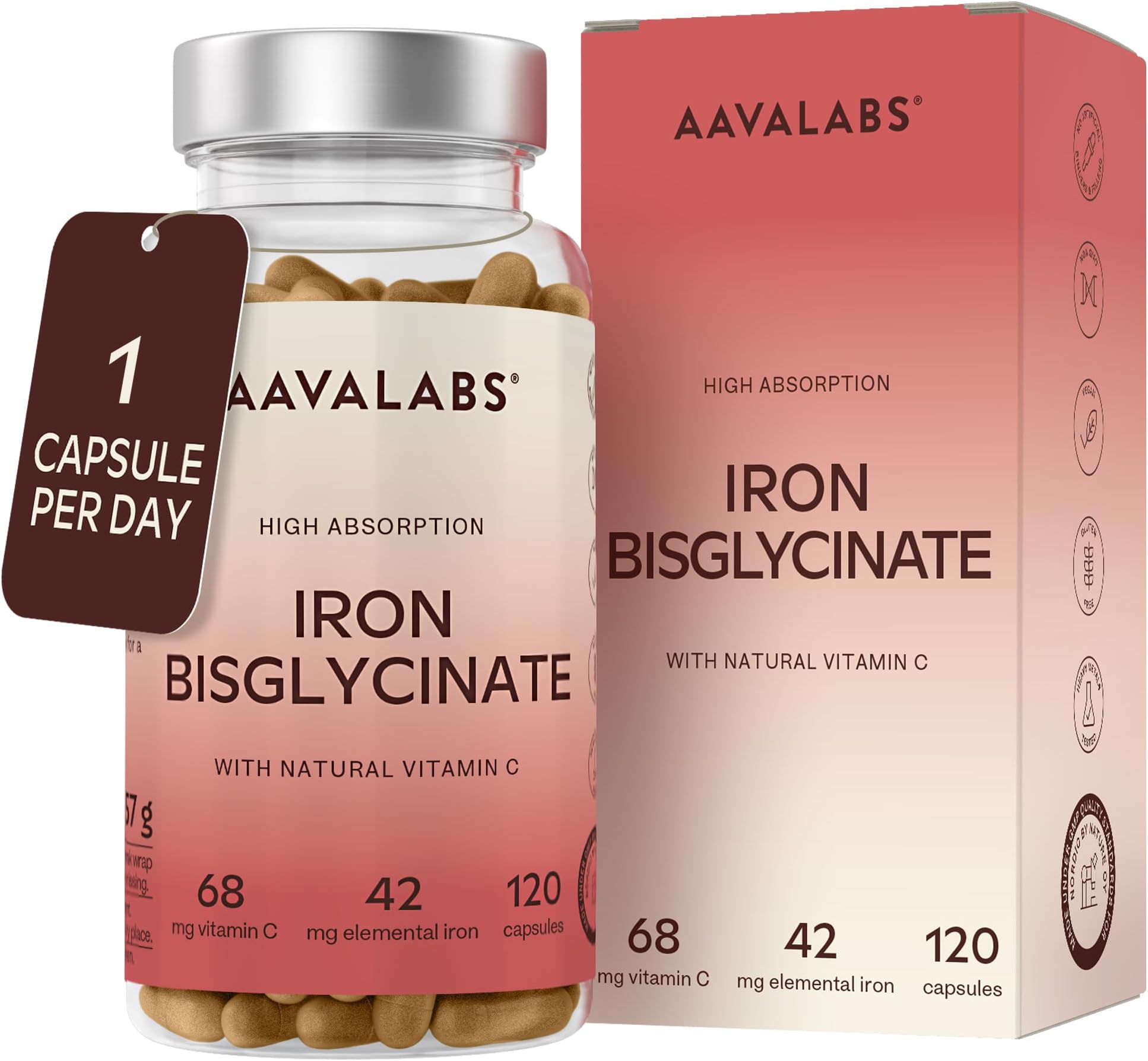 Gentle Iron Supplements for Women and Men - 42 mg Iron Tablets high Strength with Natural Vitamin C - Active Form - bisglycinate - Fatigue Supplements with high bioavailability - 120 Capsules