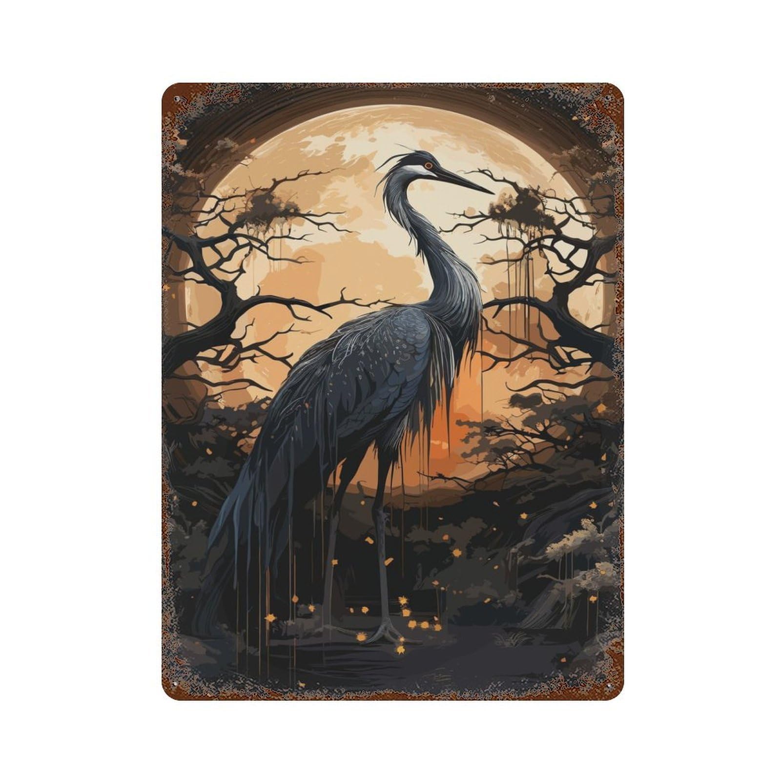 Garage Style Ancient Black Stork Rust Effect Tin Sign 15.7"x11.8", Industrial Home Decor for Bar And Workshop