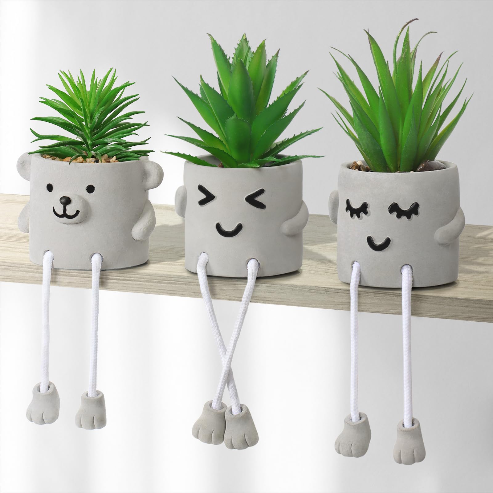 Alynsehom Artificial Potted Plant,Set of 3,Cute Fake Succulent Plant with Hanging Leg,Emotional Cement Faux Succulent Potted Plant Decor for Home Office Table Desk Living Room Shelves(Smile&Bear&Wink)
