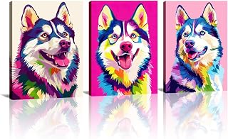 Dog Wall Art 3 Piece Husky Picture Wall Decor Coloful Animal Painting Dog Art Canvas Prints Living Room Bedroom Home Office Pet Shop Decor Framed - 11.00"x14.00"x3P