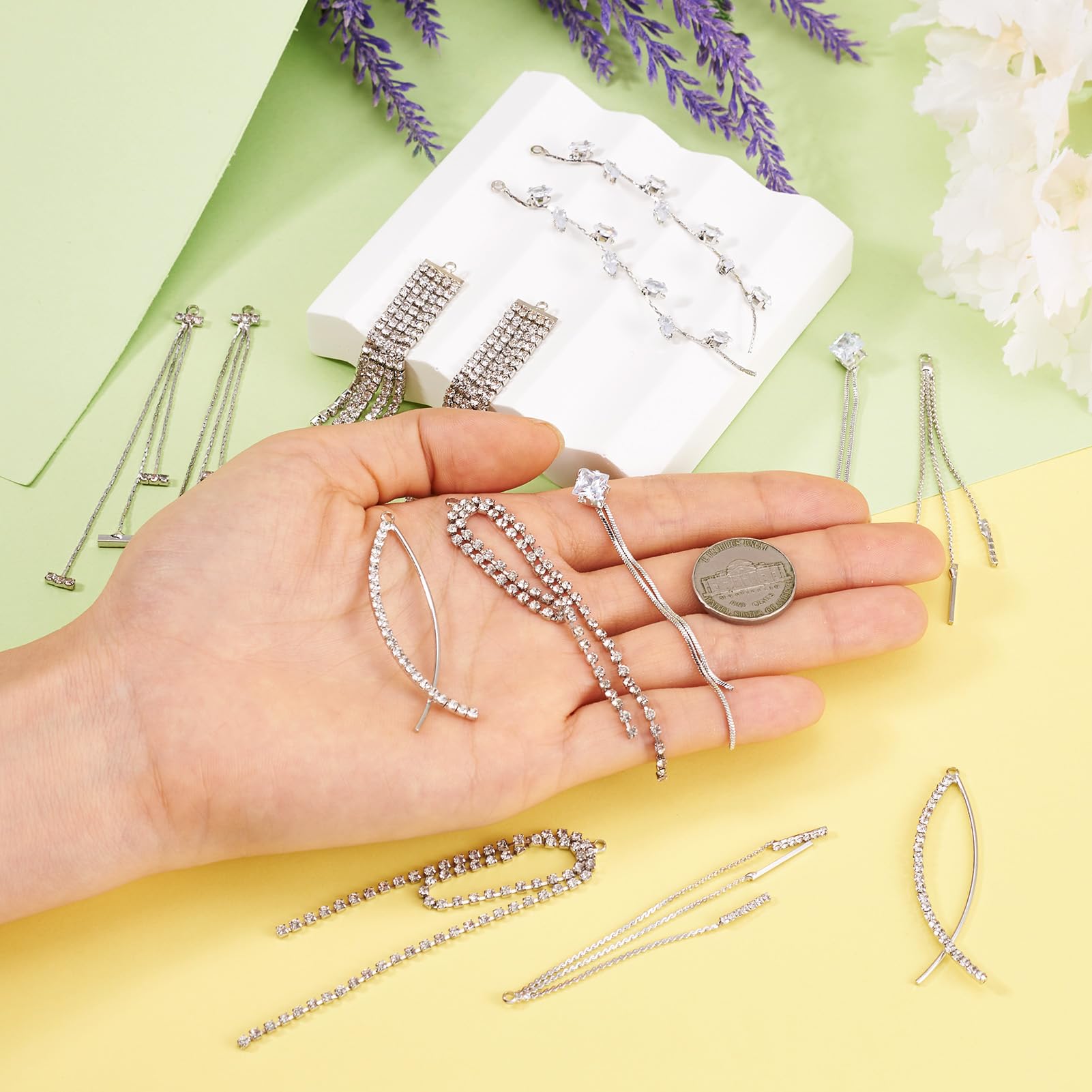 Bestewelry 14Pcs Tassel Earring Charms Shiny Rhinestone Long Chain Earring Charm Silver Tassel Drop Earrings Charms for Woman Jewelry Making DIY Crafts Wedding Bridesmaid - Image 4