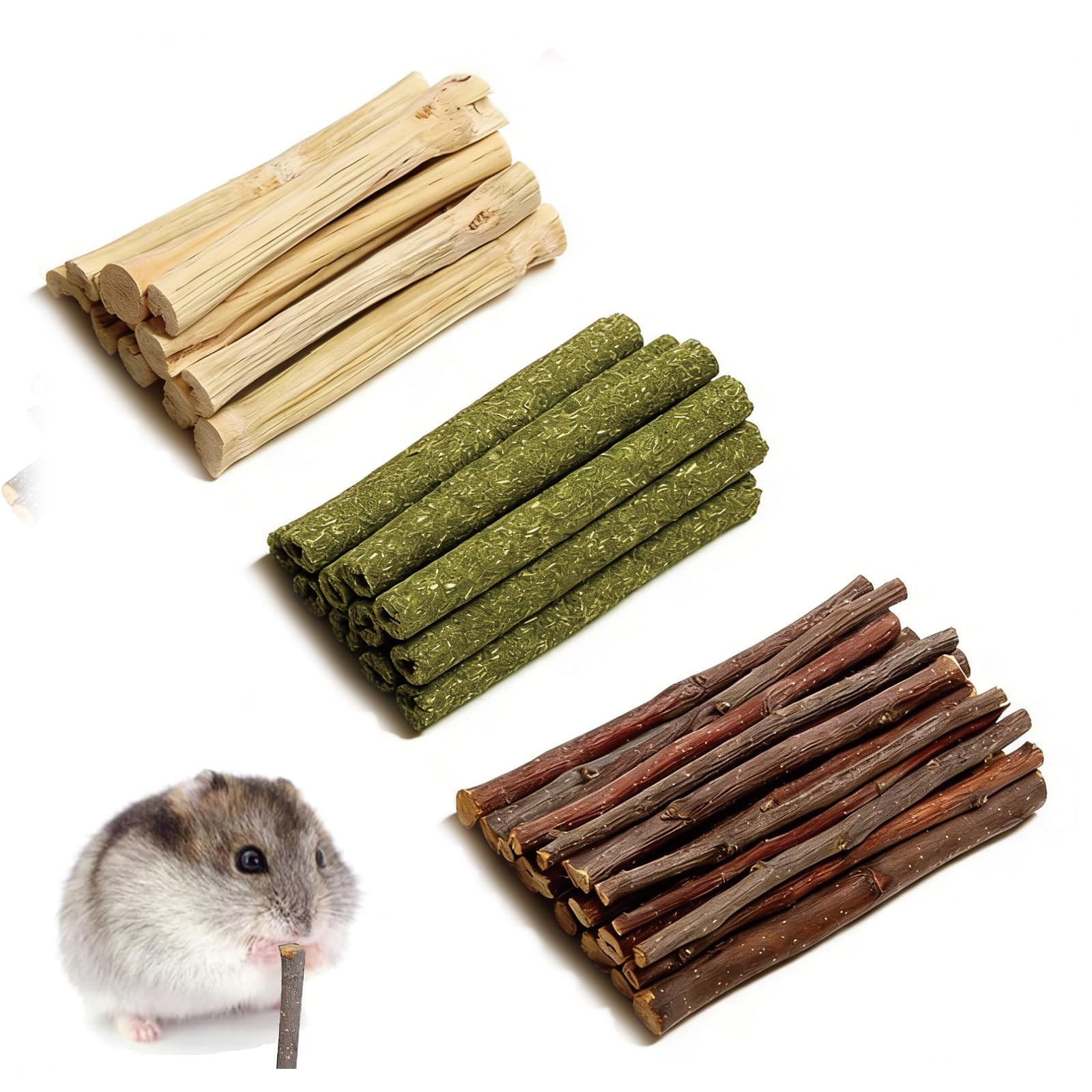 KxrTpx 200g Guinea Pig Chew Toys, Rabbit Chew Toys, Hamster Chew Toys, Small Pet Dental Care, Natural Chewing Activity, Apple Branch Timothy Stick Sweet Bamboo Mix