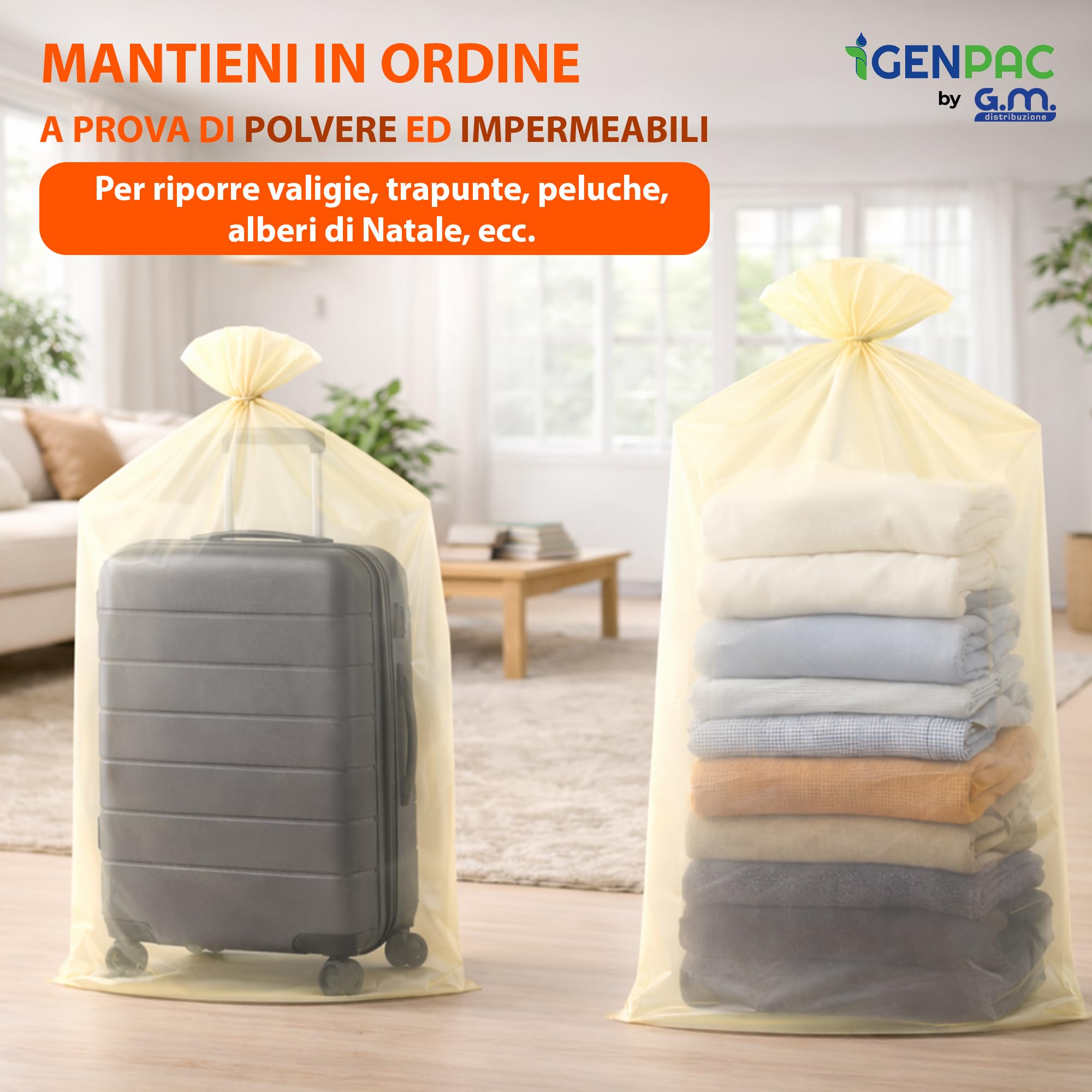 GM – 20 Sacchi Trasparenti in PE 120×130 cm Spessore 80 Micron, Buste Extra Capienti Resistenti per Conservazione Oggetti, Traslochi, Magazzino, Cantina e Garage, Bocca Aperta da Annodare