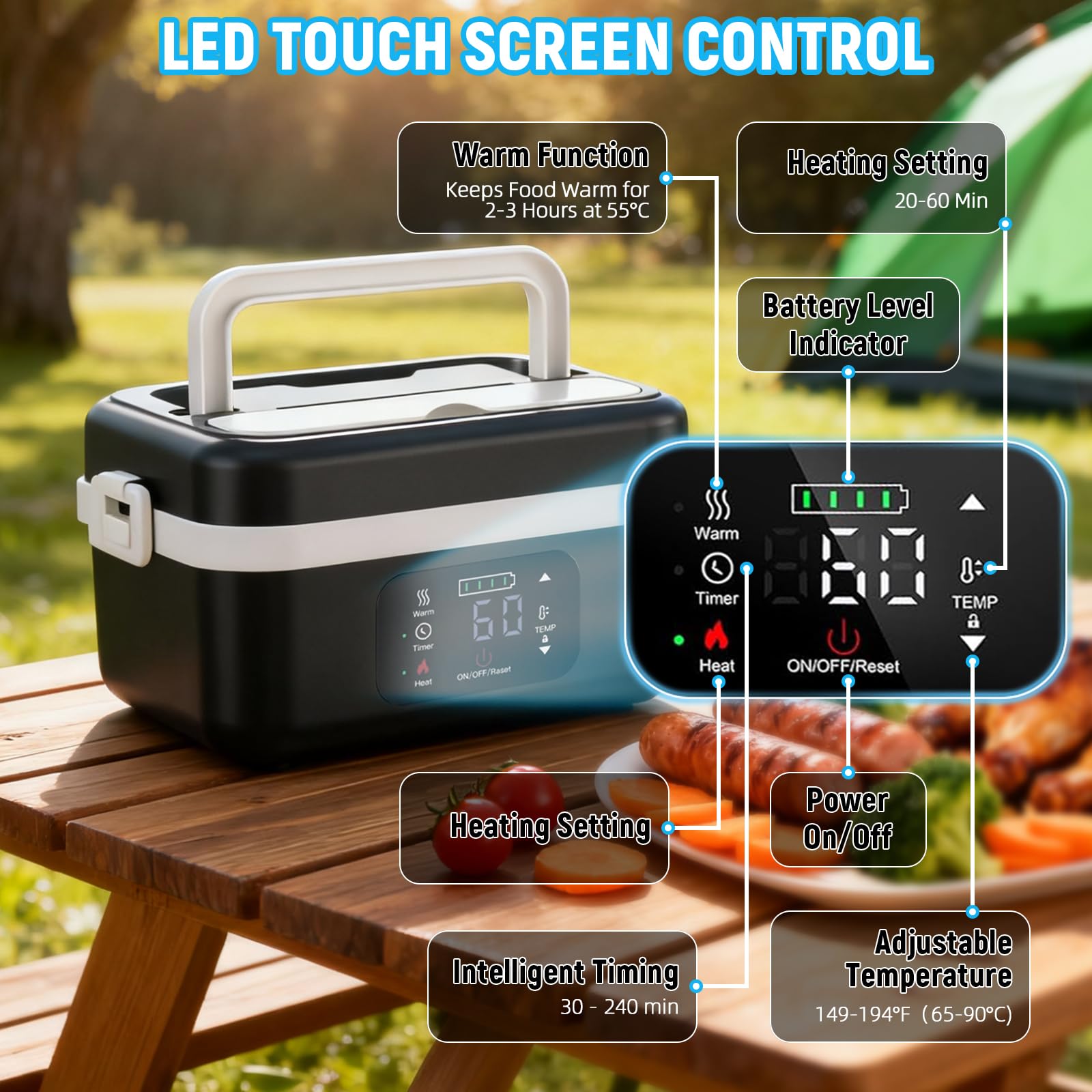 LIROPAU Elektrische Lunchbox, Tragbare Elektrische Lunchbox | mit Timer und einstellbarer Heizfunktion, 1L Electric Lunch Box für Arbeit Familie Camping Büro Auto Reisen Auf baustellen