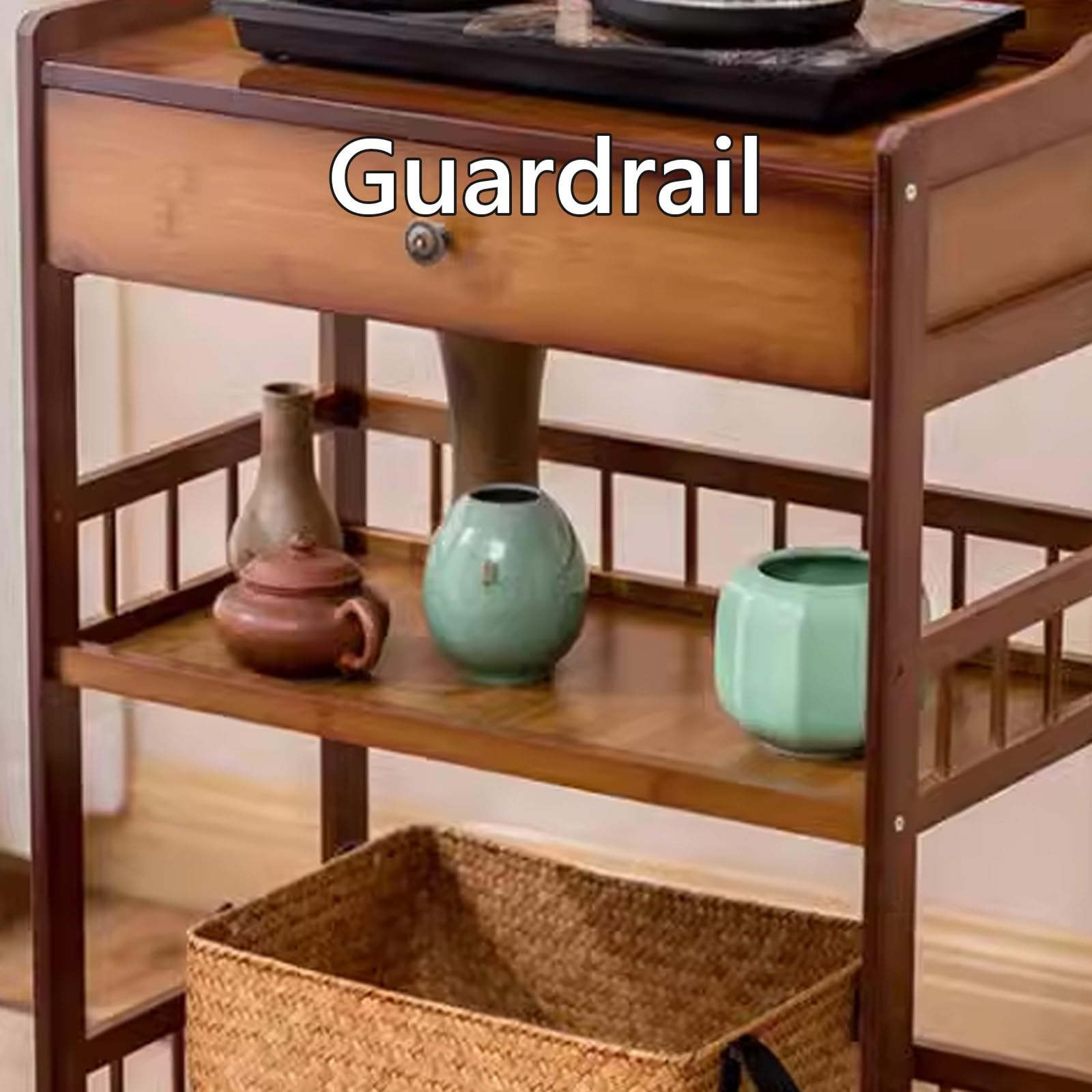 Carro Cocina con Ruedas con Barandillas y Cajones, Bambú, Pulido Liso, Camarera con Ruedas, para Hogar, Restaurante, Sala de Estar(Brown)