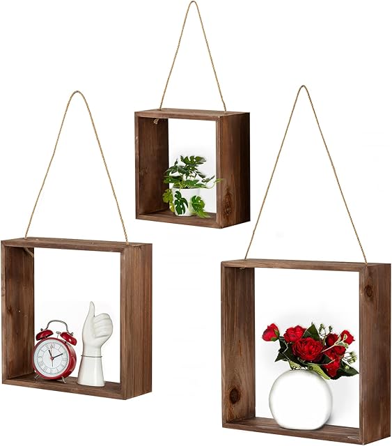 Sziqiqi Hanging Rustic Square Floating Shelves Set of 3 - Dark Wood Shelves for Wall Rope Shelf Display Decorative Shelves for Bedroom Living Room Bathroom Office Kitchen, Brown