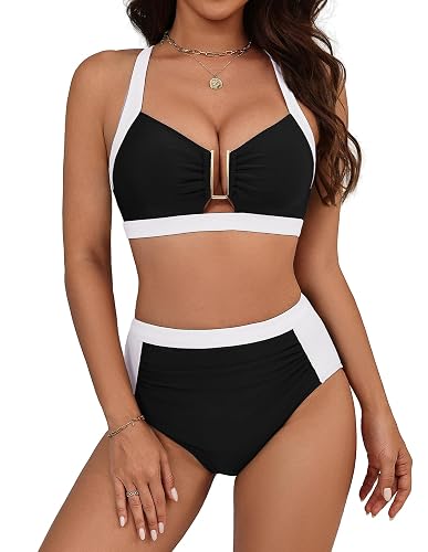 Hanna Nikole Women's 2 Piece Swimsuits Metal High Waisted Bikini Bottom Full Coverage Bathing Suit Girls Vacation Swimwear (Black, S)