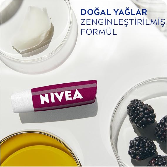 NIVEA Blackberry Lip Care Cream 4.8 gr, 24 Hour Moisturizing, Blackberry Smell, Luminous Color, Does Not Contain Mineral Oil
