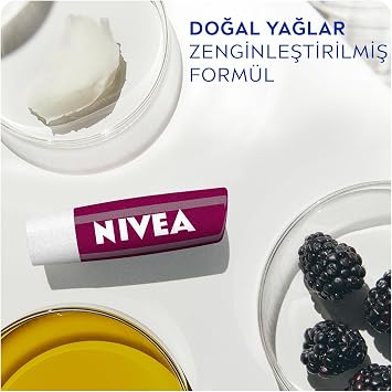 NIVEA Blackberry Lip Care Cream 4.8 gr, 24 Hour Moisturizing, Blackberry Smell, Luminous Color, Does Not Contain Mineral Oil