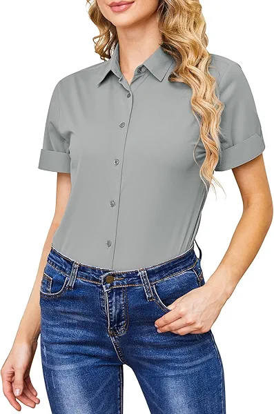 Wrinkle Free Button Down Shirts for Women Charm Slim-Fit Short Sleeve Formal Solid Dress Shirt Blouses Tops