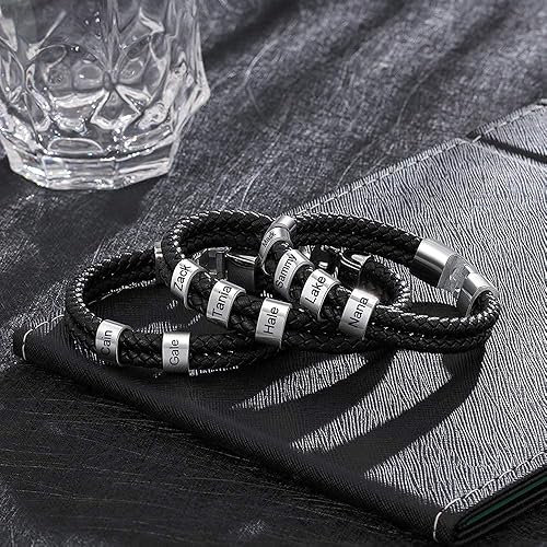 Miniatura 4 de Pulsera trenzada negra personalizada para hombre, pulsera personalizada con 1-8 cuentas personalizadas, nombres de la familia, joyería para hombres