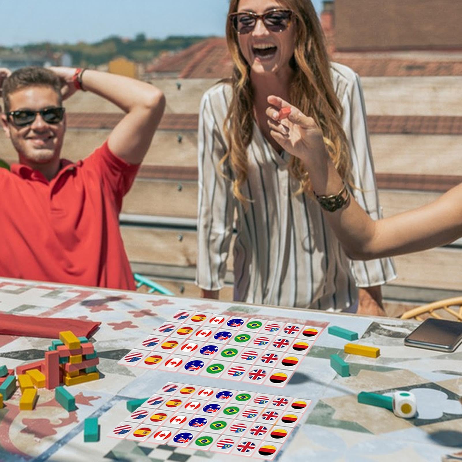 Generico Set Di Mahjong 64 Tessere Con Bandiere Nazionali | Set Da Tavolo Portatile Con Abbinati Per Famiglie Bambini Libero Interni Compleanni Raduni Spiaggia E Picnic