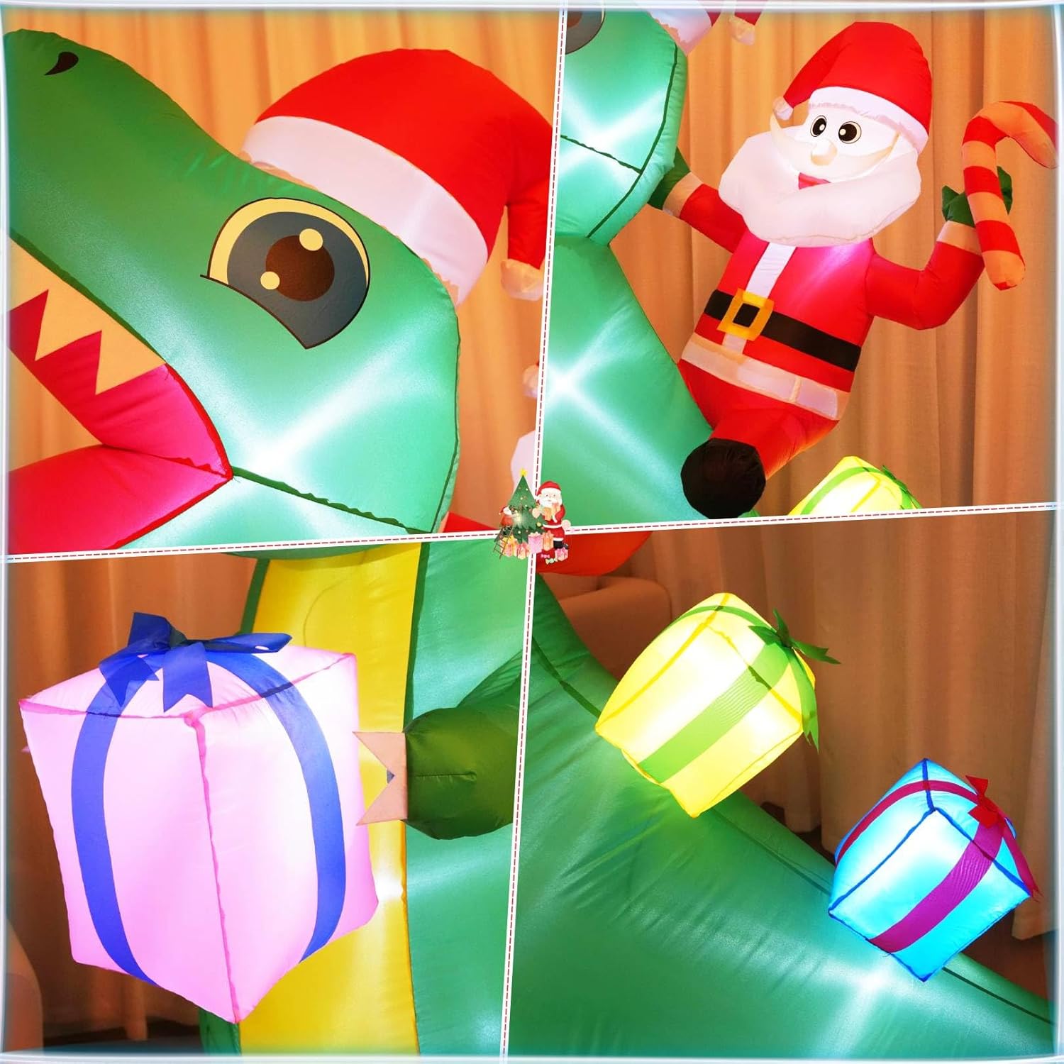 7FT Christmas Inflatables Santa Claus Riding Dinosaur Decoration, Christmas Blow Up Inflatable Dinosaur & Santa Claus & Gift Box Yard Decoration Built-in LED Lights for Party Garden Lawn Holiday Décor