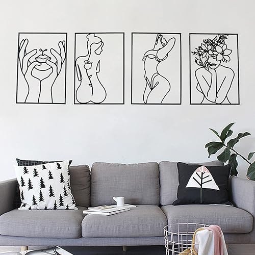 Glamativity 4 Pack Gold Wall Art Décor, Minimalist Décor Single Line Art Wall Décor, Real Metal Wall Art, Woman's Body Shape Abstract Wall Art, for Kitchen Bedroom Living Room (Black) - Black Classic Style - M Size 17 x 11.8''