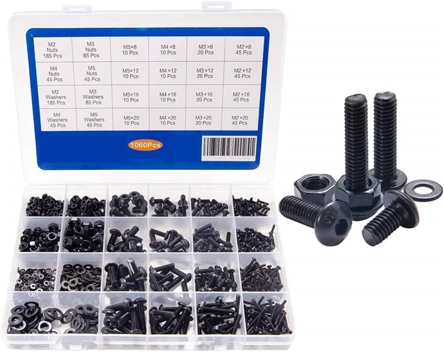 Youngran 1060pcs M2 M3 M4 M5 Hex Socket Screw Set Carbon Steel Flat Round Cap Head Screws Bolts and Nuts Assortment Kit with Storage Box Leisurely (Color : Round)
