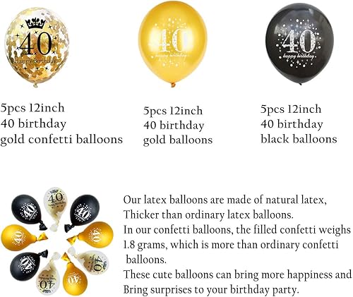 Miniatura 2 de Jonhamwelbor Globos dorados y negros de 40 cumpleaños, decoraciones de fiesta, paquete de 15 globos de látex y confeti de 12 pulgadas impresos con