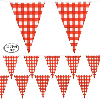 Red Checkered Banner 100’ Feet Long | Gingham Pennant Flags | Red and White Checkered Pennant Banner | Carnival, Picnic, Party Red Checkered Flags | By Anapoliz