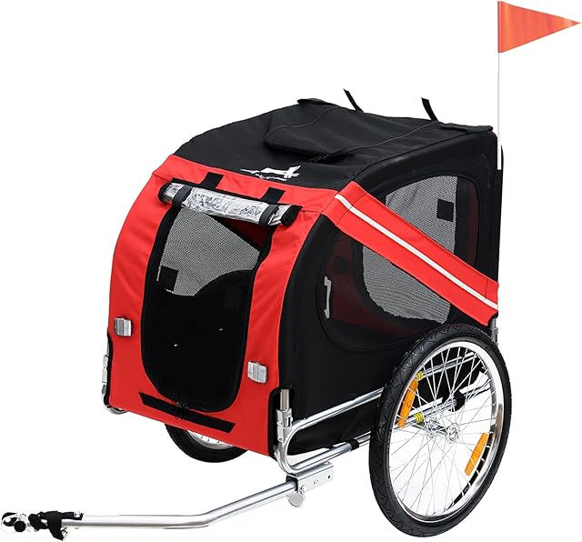 Pawhut Folding Dog Carrier Bicycle Pet Trailer in Steel Frame Stroller - Red & Black