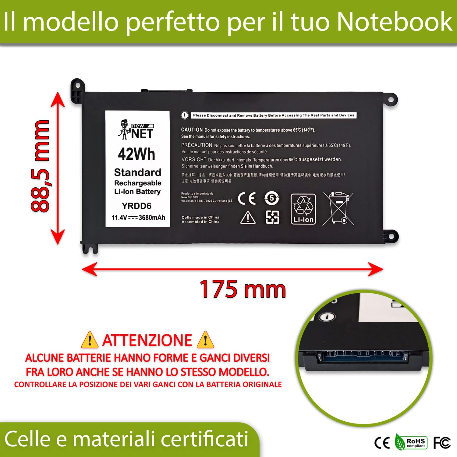 New Net - Batteria YRDD6 [11.4V - 3680mAh] compatibile con Dell 0YRDD6, YT39X, 0YT39X, 26JGK, 8GHCX, CTGKT, 1VX1H, VM732, FDRHM, WJPC4