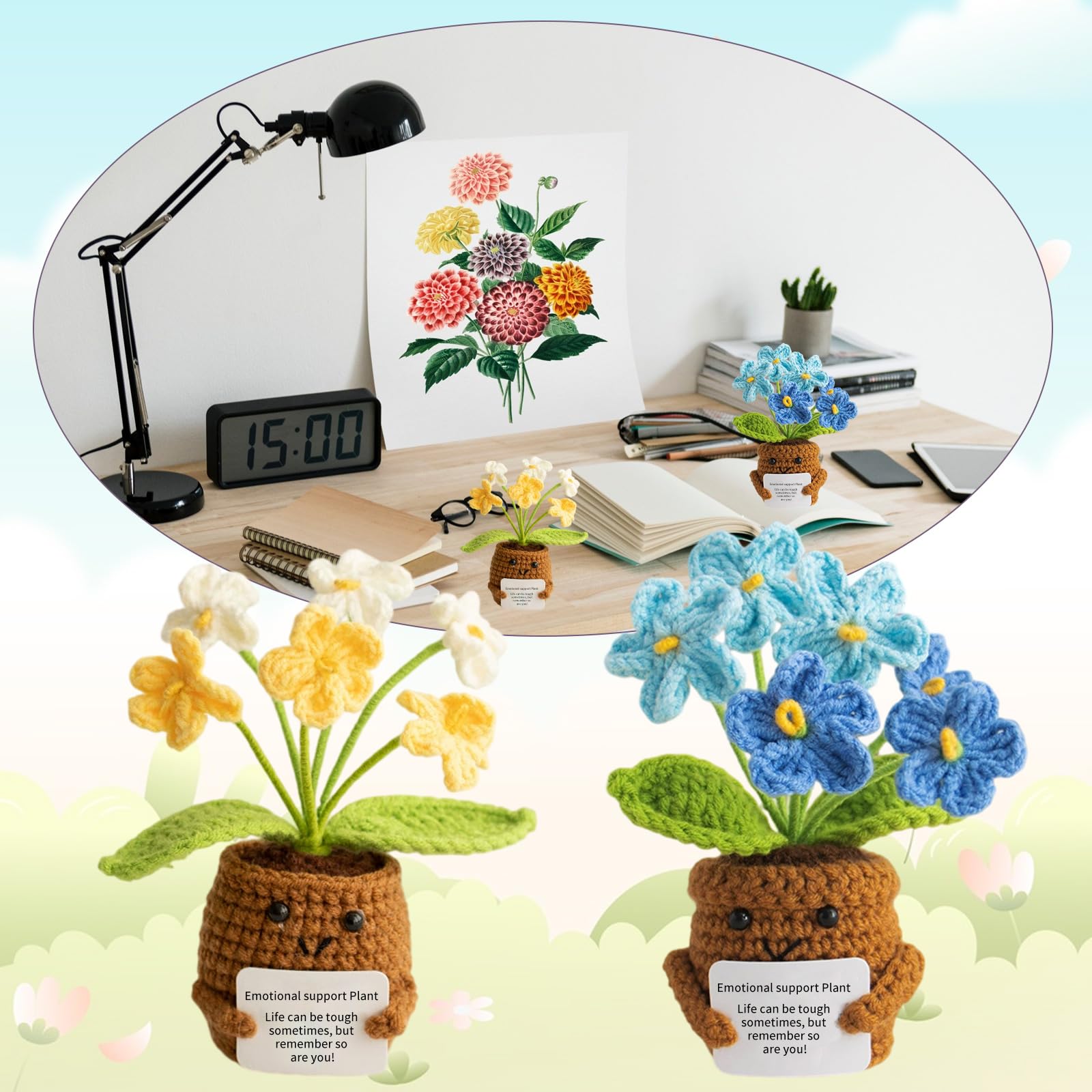 Ensemble de fleurs en crochet pour anniversaire, lot de 2 bouquets en crochet - Minis poupées de plantes en crochet faites main comme cadeau de remerciement pour enseignants, collègues, élèves, départ