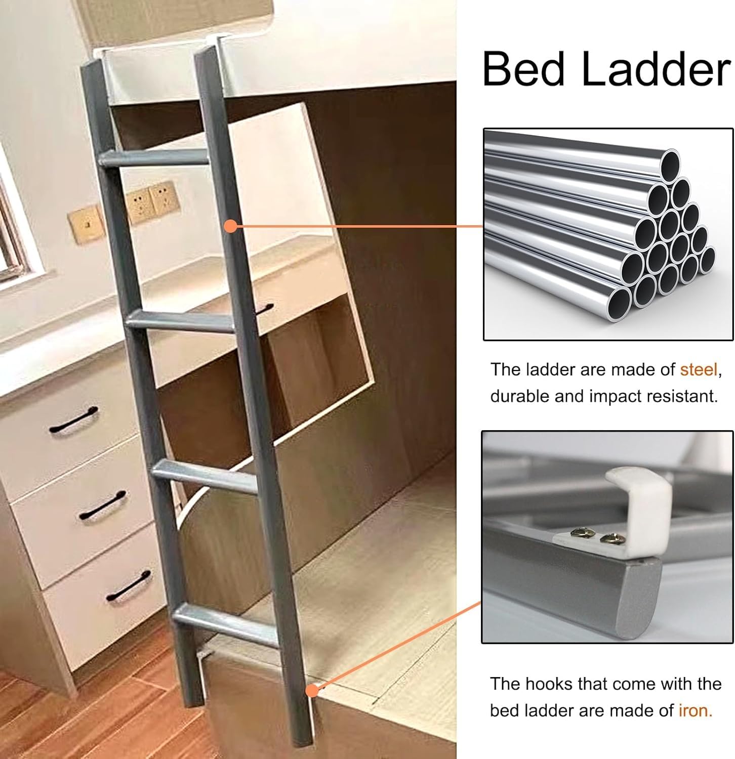 LXXW Scaletta per Letto a Castello in Metallo con Ganci Scaletta per Letto Sospesa in Argento per La Camera da Letto Loft Domestica Scaletta per Camper Loft Dormitorio (Dimensioni: 116 cm (4