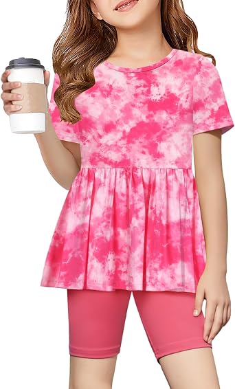 Arshiner Girls Summer Outfits Short Sleeve Ruffle Hem Top and Biker Shorts Set Girl Clothes 4-15 Years