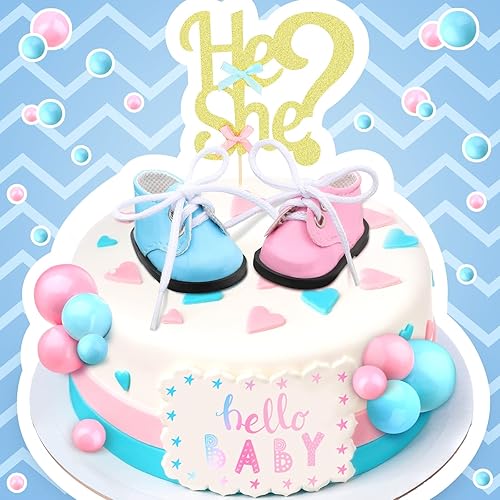 Miniatura 7 de Gerrii Juego de 19 piezas de decoración para tartas de revelación de género, incluye decoración para tartas de varios tamaños, púas de bolas,