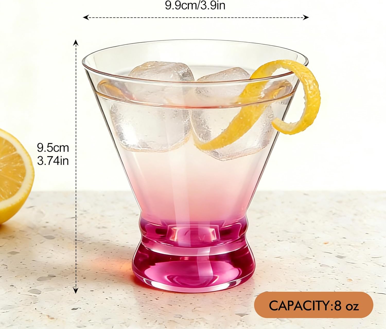 Pink Stemless Martini Glasses Set of 6, 8oz Clear Cocktail Glassware for Margarita, Espresso Martini, Mocktail, Alcohol, Cosmopolitan, Manhattan and Drinking, Gift for Party, Home Bar