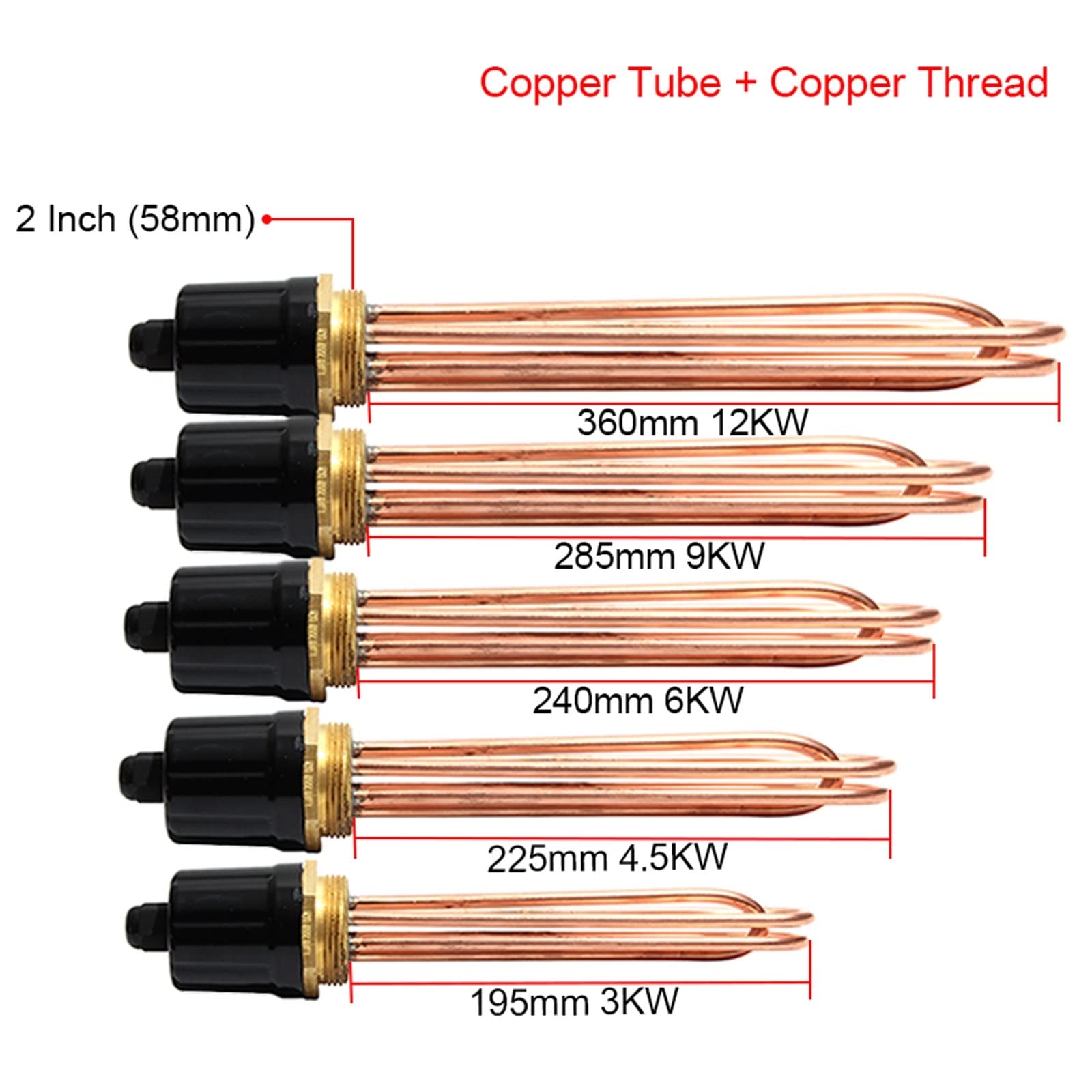 2 cale/DN50 średnica 8 mm całkowicie miedziany rurowy podgrzewacz wody z akcesoriami 110 V/220 V/380 V elektryczna część grzewcza 3 kW/4,5 kW/6 kW/9 kW/12 kW radosny (rozmiar: B-380 V, kolor: 9