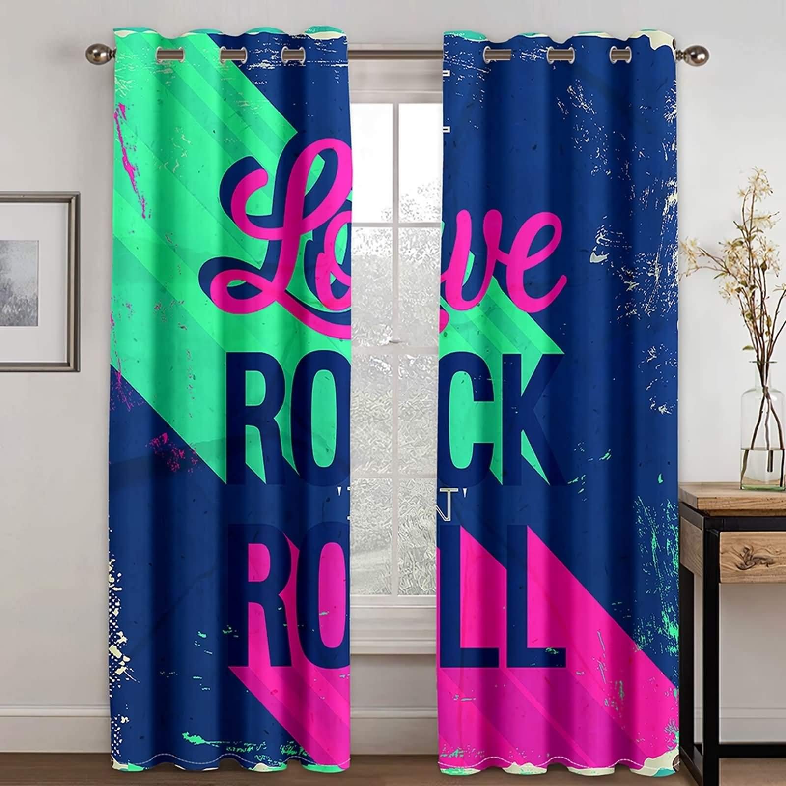 Rideaux isolants thermiques KnSam 137x214 bleu foncé vert motif Love Rock