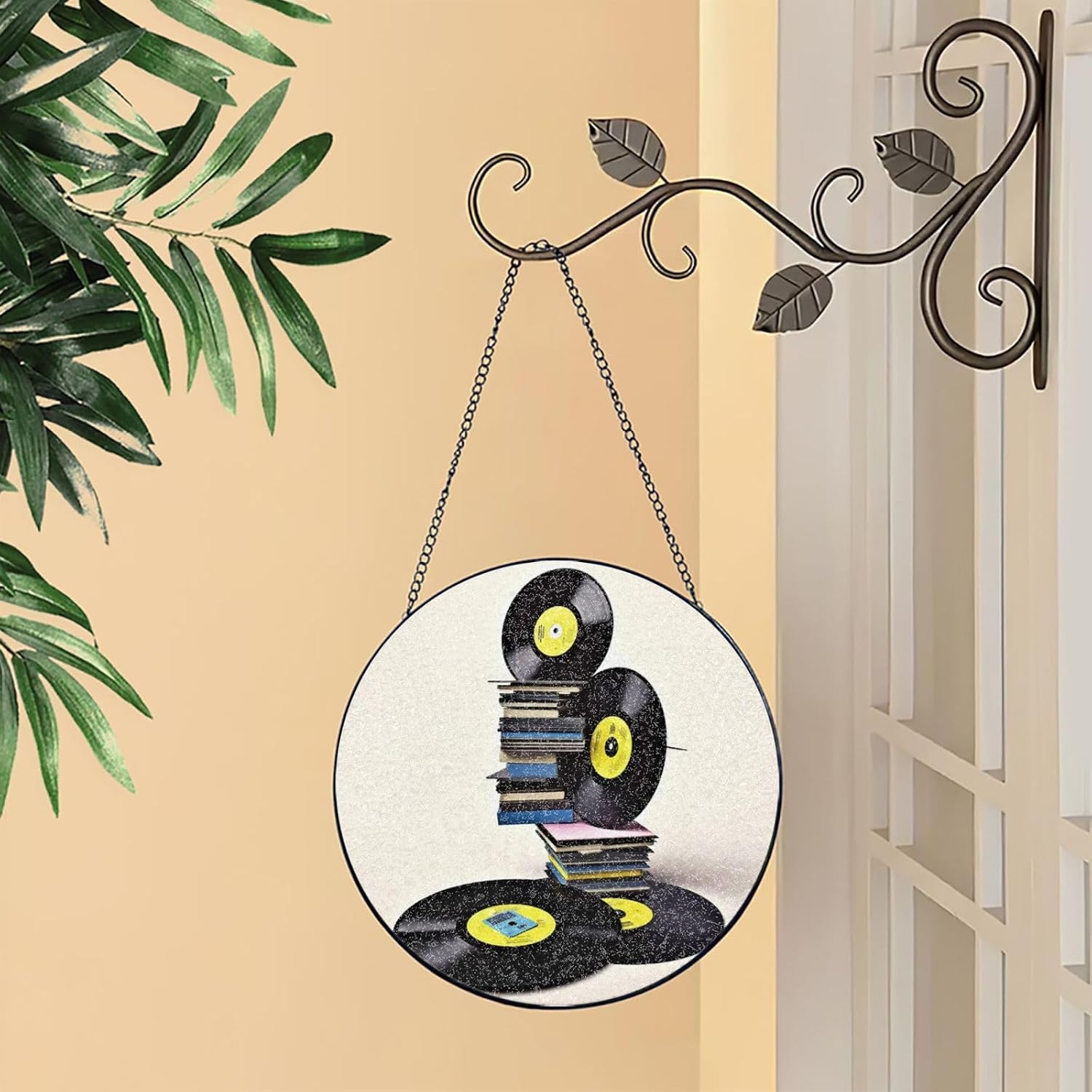 Stained Glass Window Hanging 12in（30cm）, Vinyl Records and Tapes Sun Catchers Indoor Window, Stained Glass Suncatcher Ornament with Metal Chain, Wall Art Home Decor Gift for Women Mother's Day
