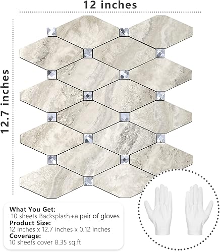 Miniatura 6 de STICKGOO 10 hojas de azulejos para despegar y pegar, vidrio mixto de piedra beige