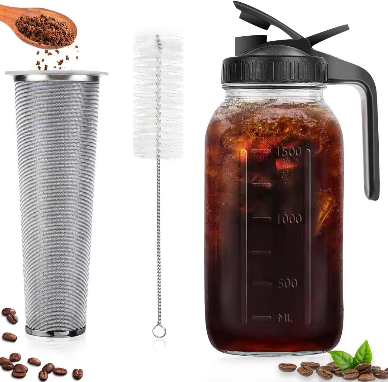 Pinaceae Cold Brew Coffee Maker, 64oz Wide Mouth iced Coffee Pitcher, with Handle & Stainless Steel Filter, Durable Glass, BPA Free Sturdy Mason jar, for iced coffee & Tea Lemonade, Fruit Drinks
