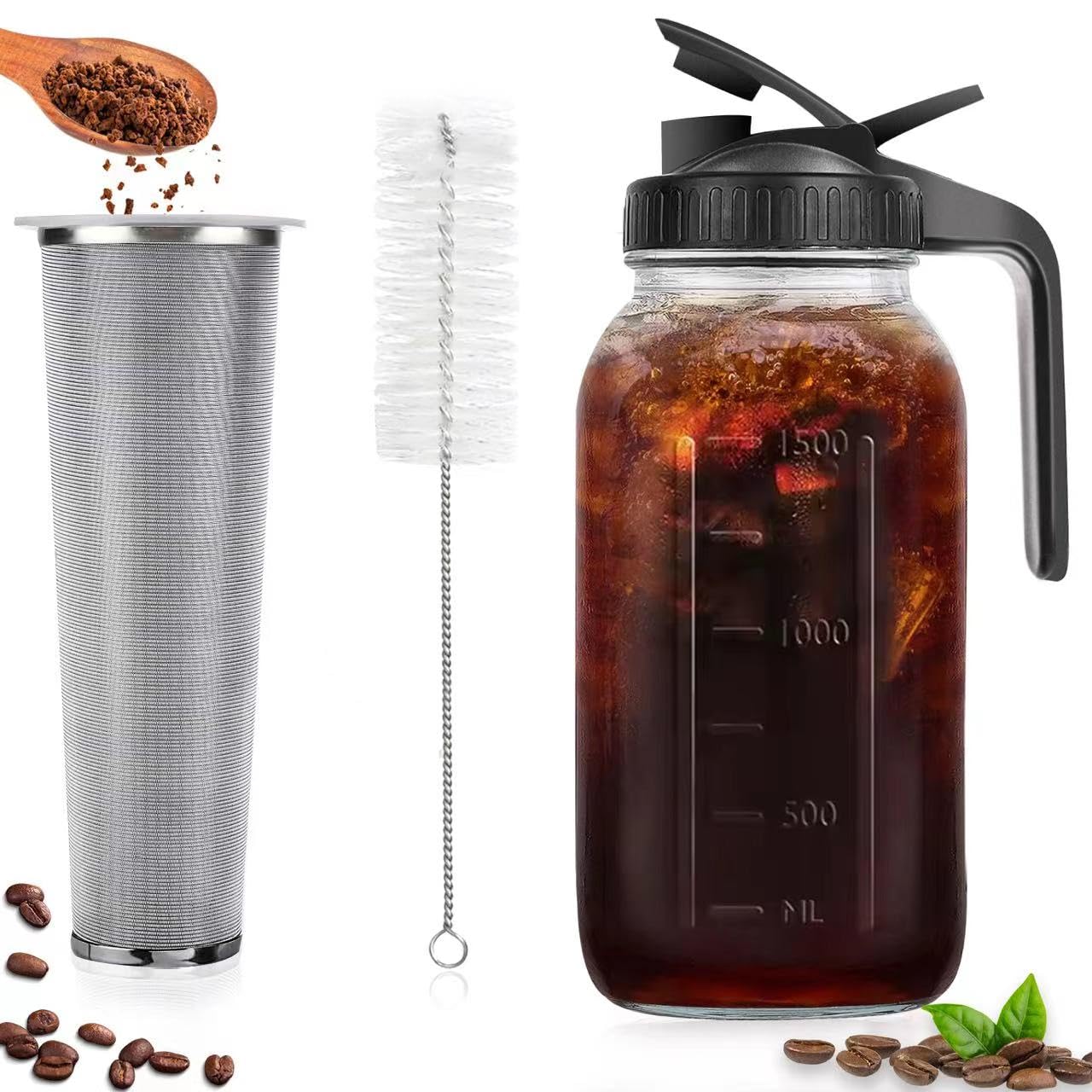 Pinaceae Cold Brew Coffee Maker, 64oz Wide Mouth iced Coffee Pitcher, with Handle & Stainless Steel Filter, Durable Glass, BPA Free Sturdy Mason jar, for iced coffee & Tea Lemonade, Fruit Drinks