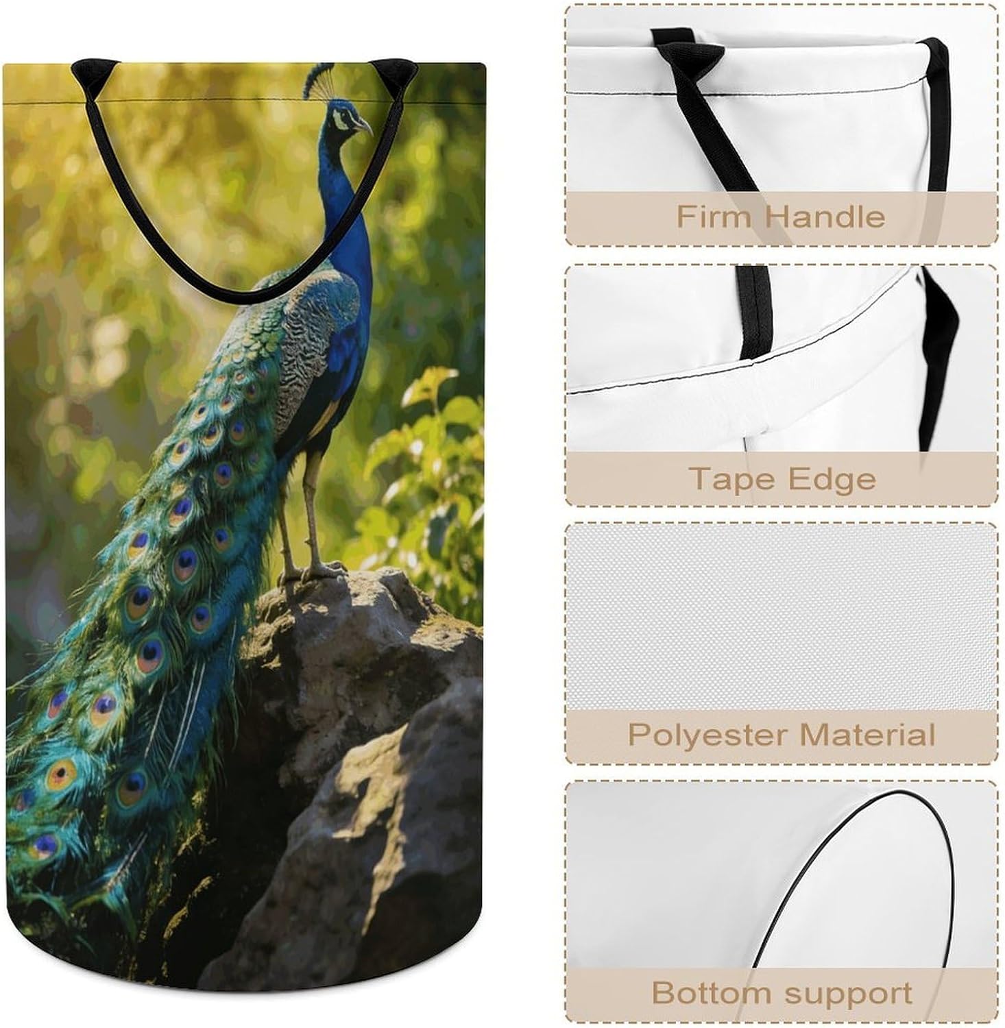 Beautiful Peacock Laundry Hamper Fashion Dirty Laundry Hamper Portable Laundry Hampers with Handles Lightweight Large Clothes Storage Basket for Bedroom Bathroom