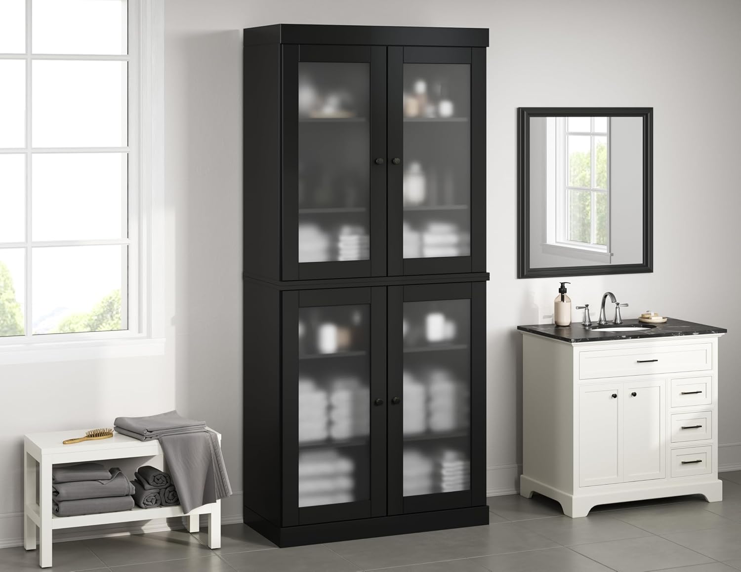 Palace Imports 100% Solid Wood 32"" Bathroom Storage Cabinet with Frosted Glass Doors & Adjustable Shelves