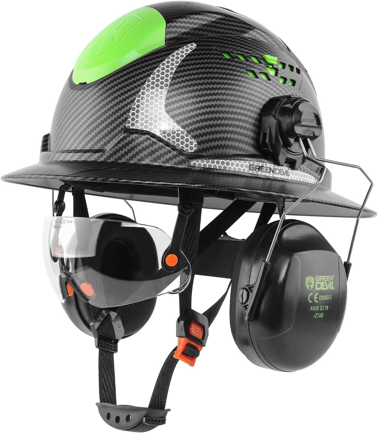 GREEN DEVIL Matrix Full Brim Hard Hat with Ear Muffs Vented Construction Safety Helmet OSHA Approved Cascos De Construccion Work Hardhat for Men&Women