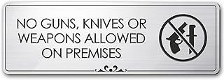 No Guns Knives Or Weapons Allowed On Premises Sign, Brushed Silver, Engraved, 3
