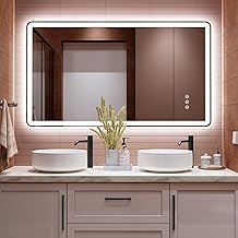 48x32 LED Mirror for Bathroom, Front and Backlit, Rounded Corner Frameless, 3 Colors &amp; Dimmable Lighted Bathroom Mirror, Anti-Fog, Tempered Glass, Plug-in or Hardwired (Horizontal/Vertical)