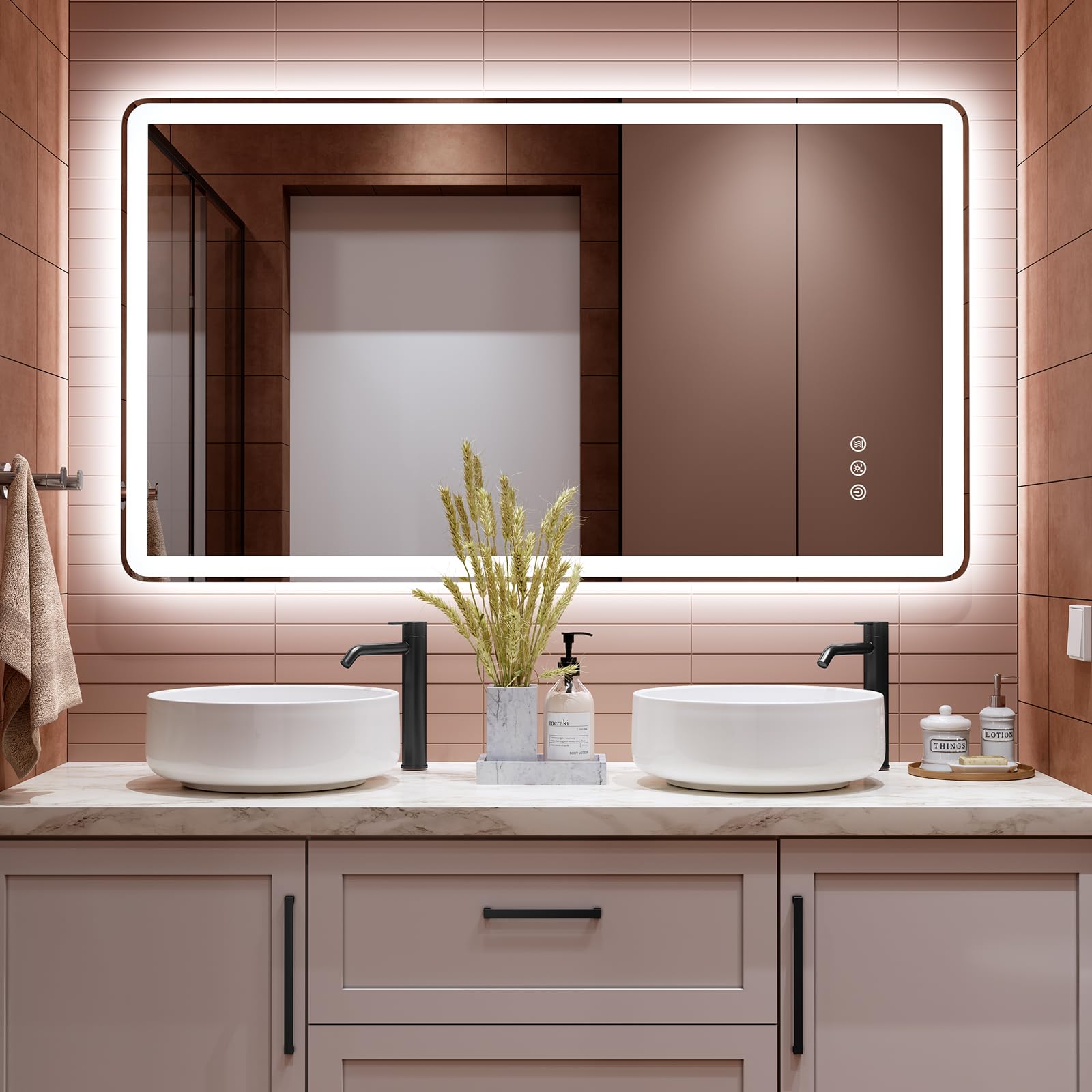 TIFULLHOME 48x32 LED Mirror for Bathroom, Front and Backlit, Rounded Corner Frameless, 3 Colors & Dimmable Lighted Bathroom Mirror, Anti-Fog, Tempered Glass, Plug-in or Hardwired (Horizontal/Vertical)