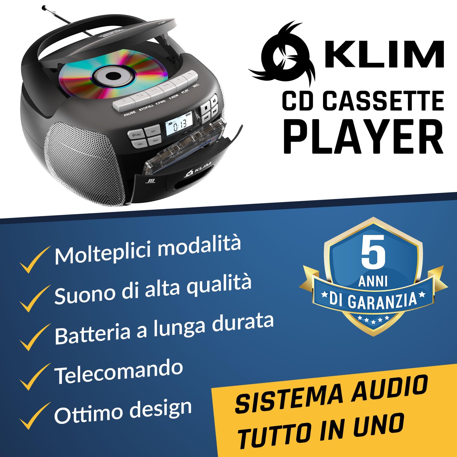 KLIM Lettore CD - Lettore Cassette Audio, AM/FM Radio Bluetooth, Stereo CD Player, Remota, Registrazione Su Nastro, USB Drive, AUX, Radio Stereo Casa Alimentazione AC/DC - Argento