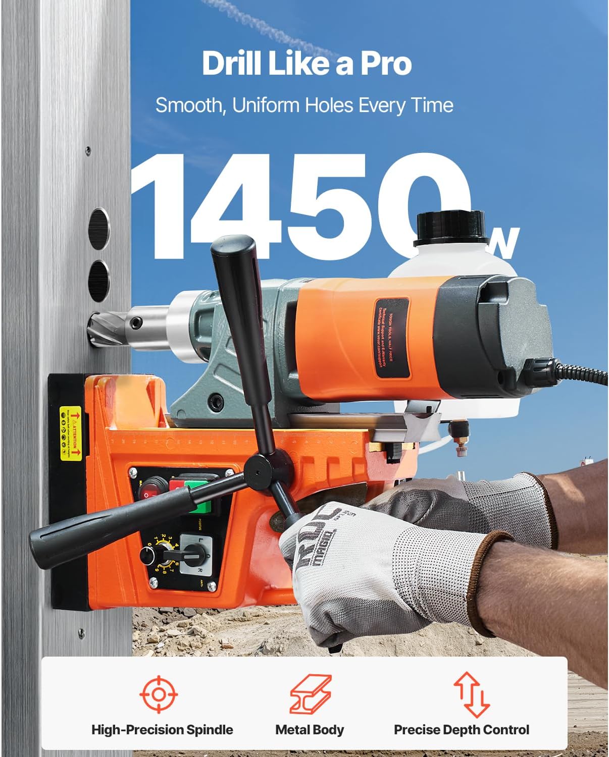 Happybuy Magnetic Drill, 1450W Motor with 2 in Boring Diameter. 2878 lbf Portable Electric Mag Drill Press. Comes with 6 Coring Bits, Variable Speed. Ideal for Metal Surface Drilling