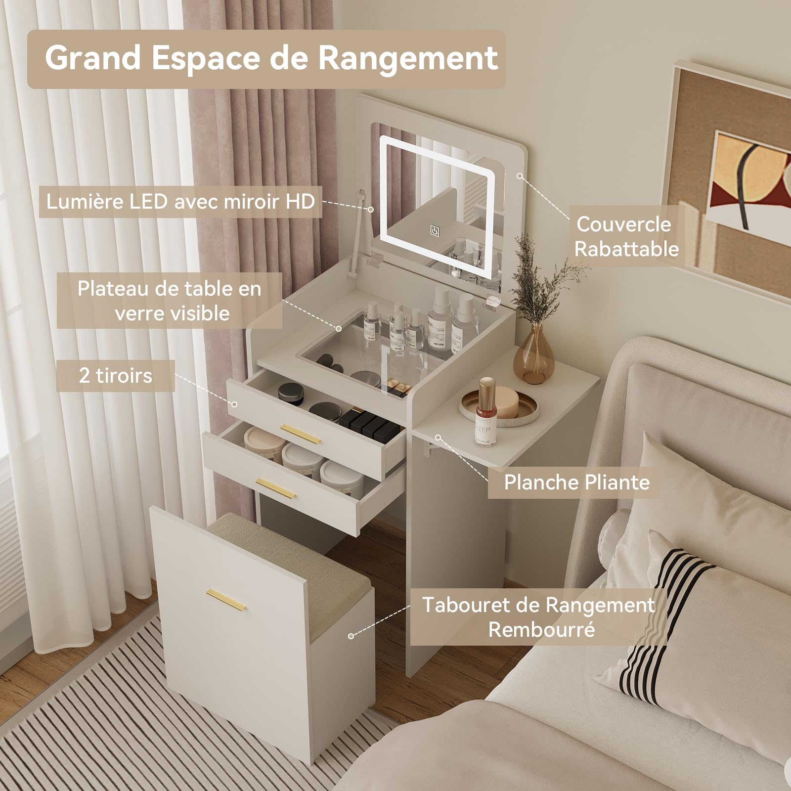 YU YUSING Coiffeuse 3 en 1 avec Miroir LED Rabattable 50-75cm, Tabouret de Rangement, 2 Tiroirs et Plateau en Verre, Table de Maquillage Gain de Place, Petite Coiffeuse en Bois, Moderne, Blanc