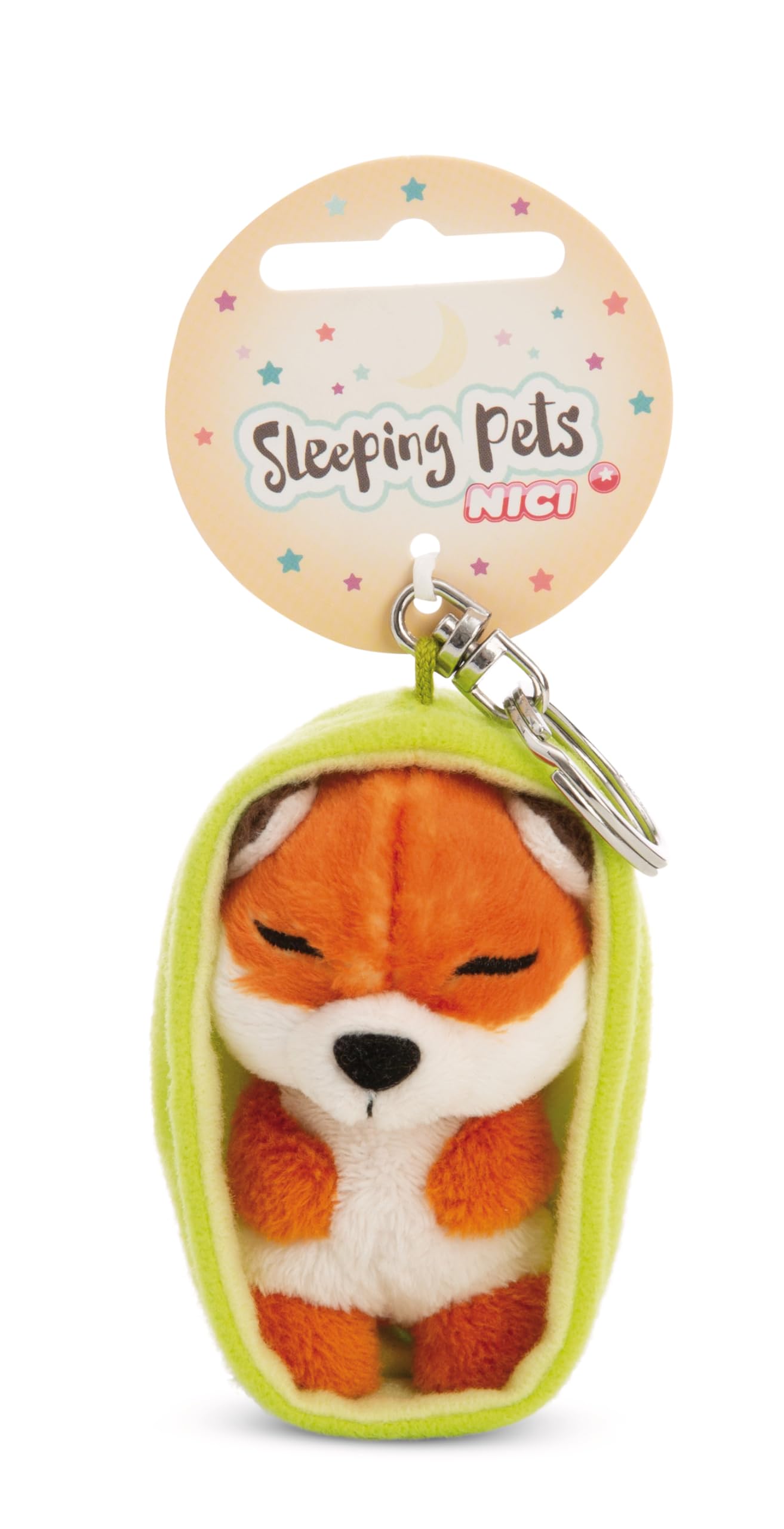 NICI Sleeping Pets Keyring, Fox in Basket Keyring, 8 cm, Brown, Loyal Companion for Backpack or Bag, Key Holder for Kids and Adults, 61601
