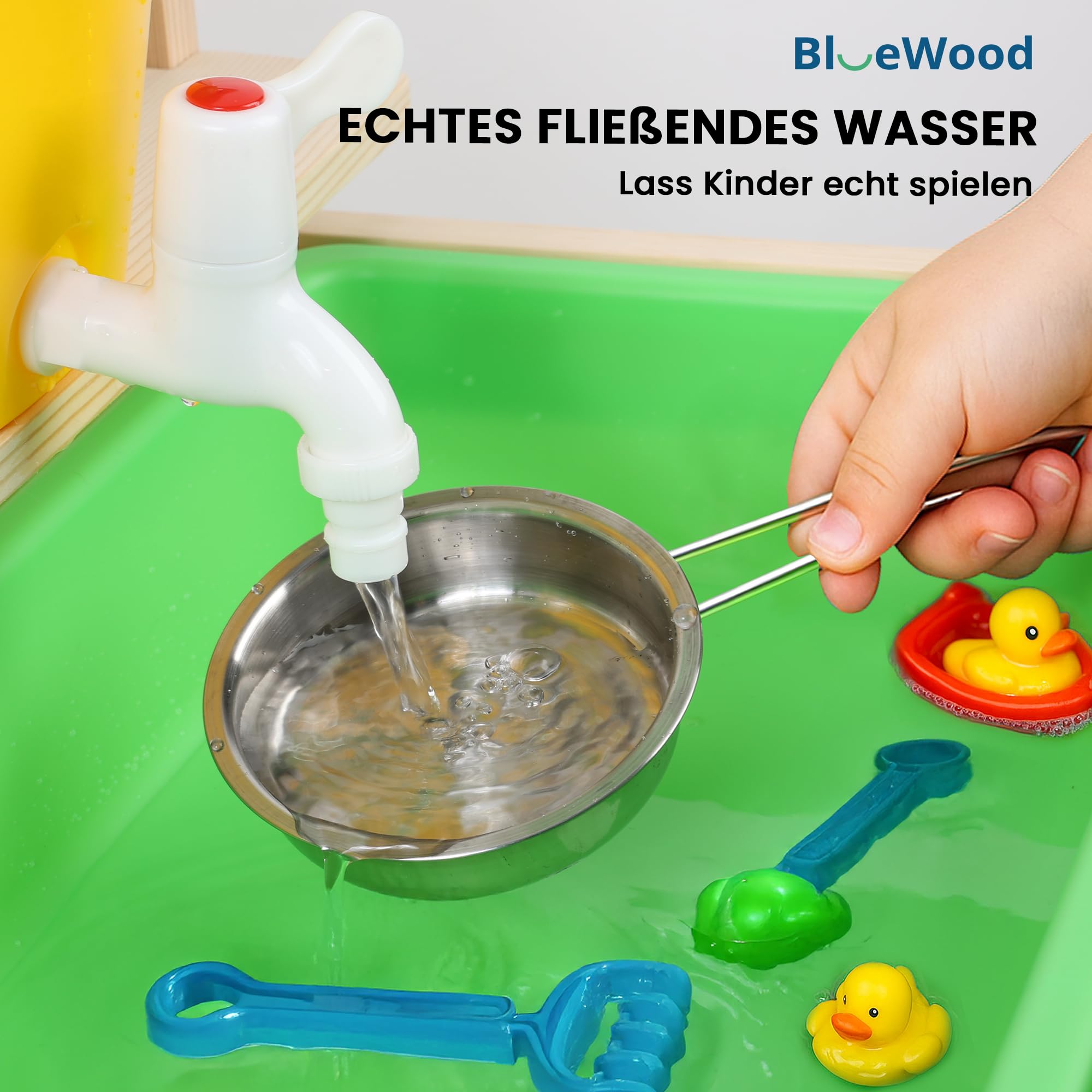 Cucina Giocattolo Montessori in Legno per Bambini | Cucina da Esterno BlueWood | Rubinetto Funzionante, Lavello Grande, Ripiani e Accessori | Gioco Educativo Sensoriale