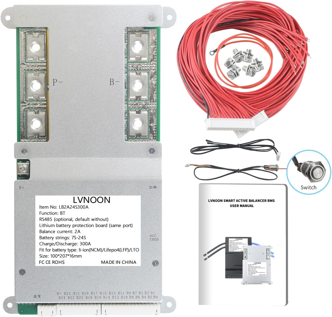 LB2A Smart Active Balancer BMS for Li-ion NCM LFP LiFePo4 LTO Battery Management System 3S to 24S 150A 200A 300A with APP Control 12V 24V 48V 60V 72V 84V (7-24S, 300A)