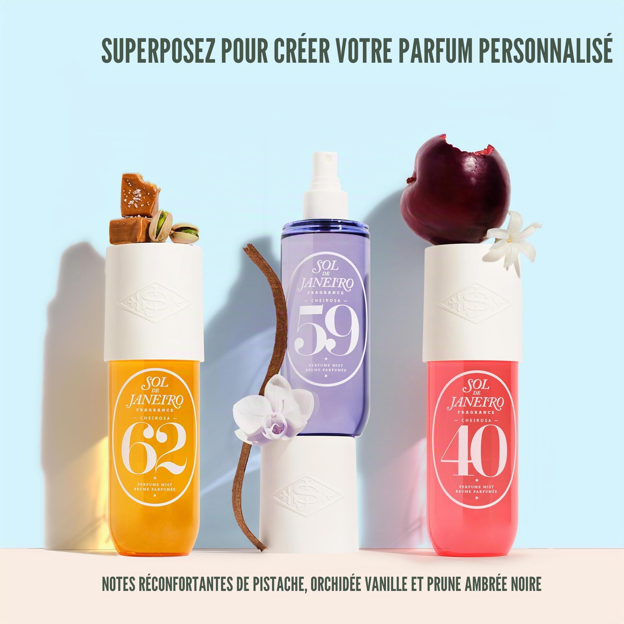 Sol de Janeiro Cheirosa Ensemble de découverte de brume parfumée en trio, 3 parfums, chacun 30 ml, Vanille, Caramel, Bois de santal